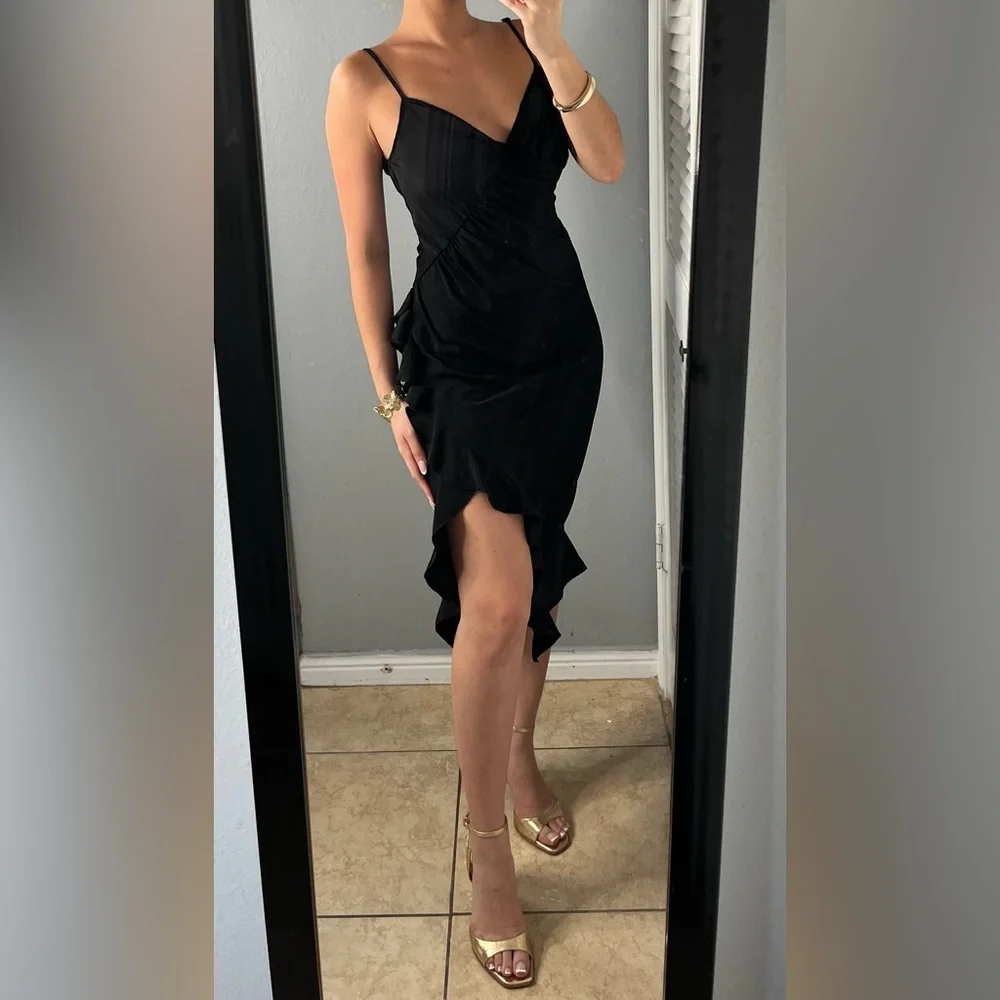 Revolve Black ruffle asymmetrical hem high slit Midi Dress S cocktail datenight - Picture 7 of 15